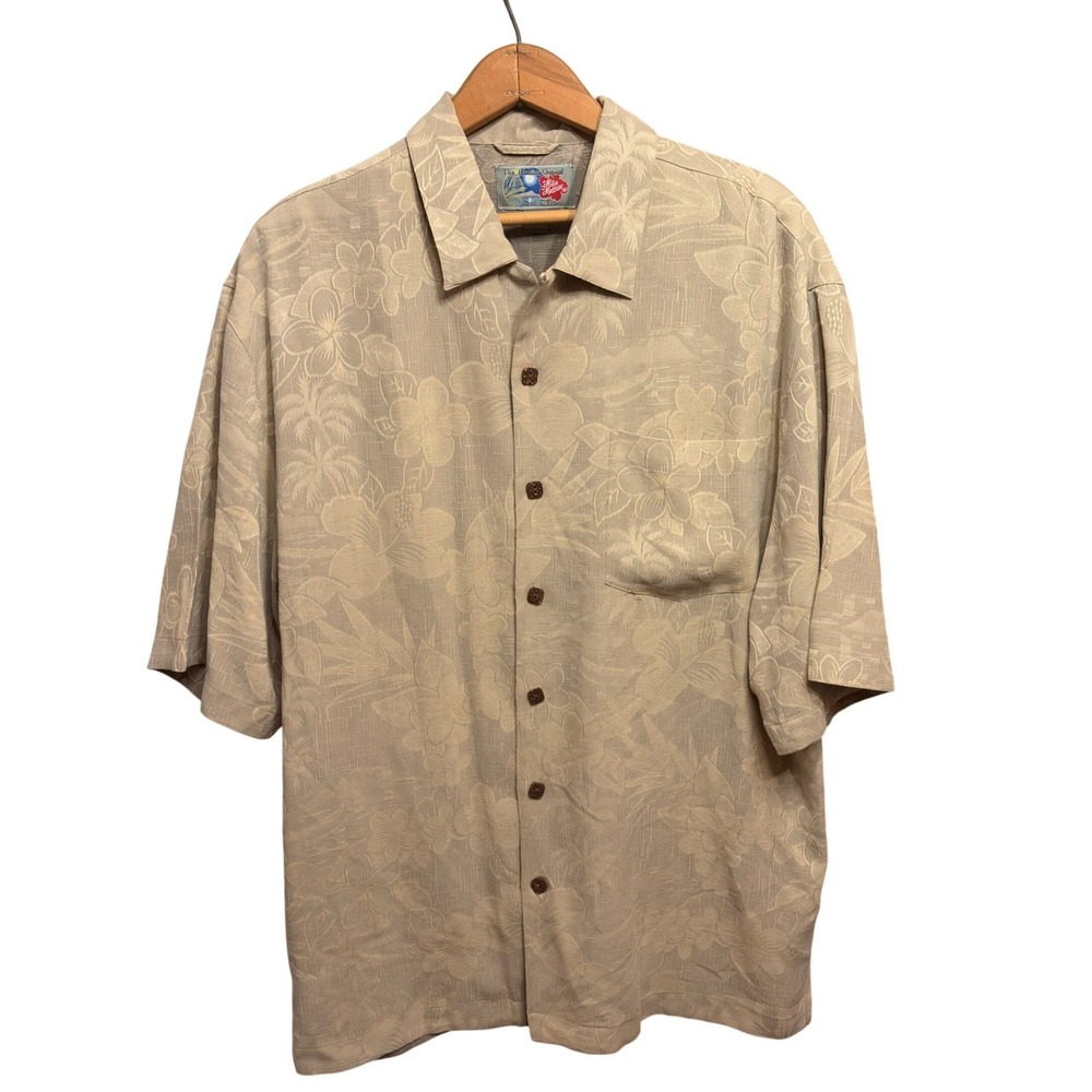Hilo Hattier Mens Hawaiian Shirt Beige Tropical‎ Floral Jacquard Aloha XL
